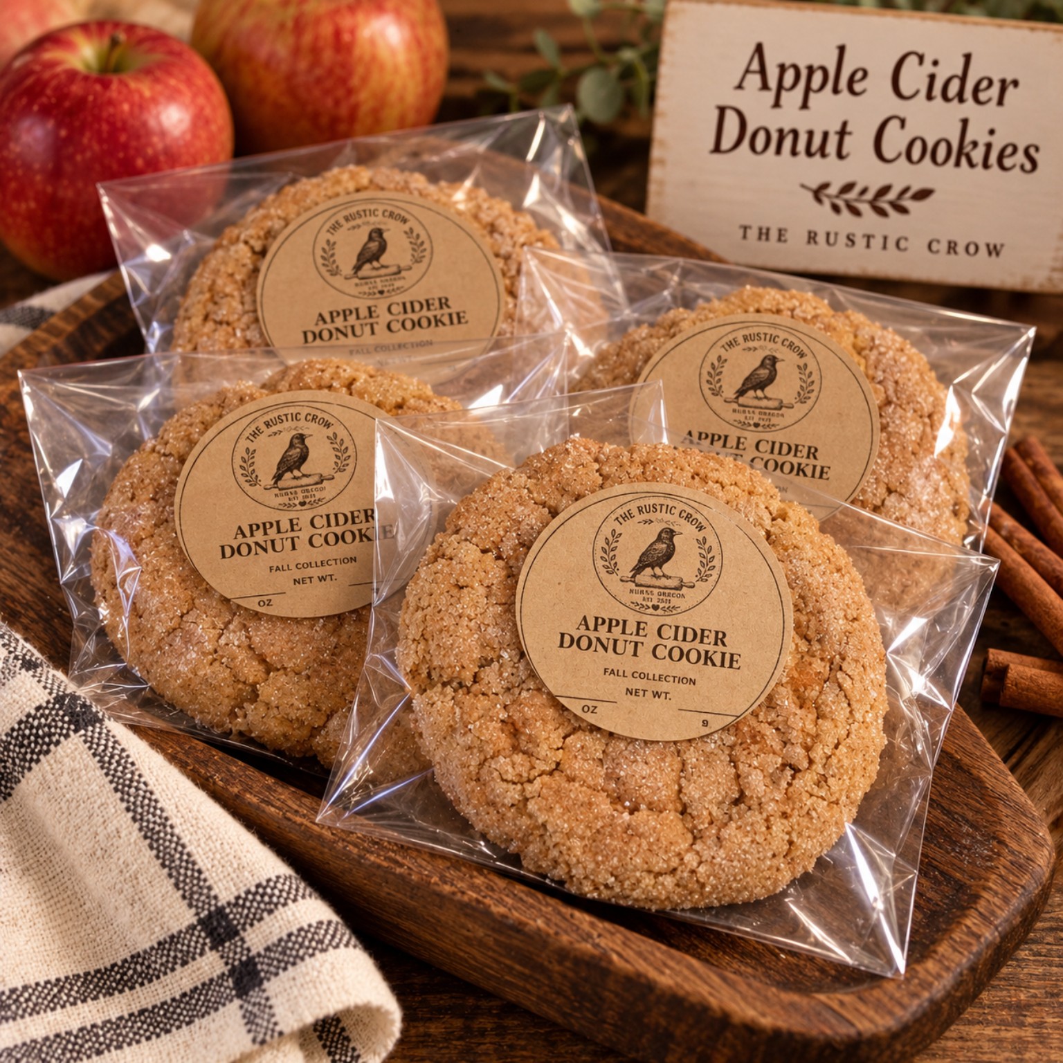 A group of packaged Apple Cider Donut Cookies