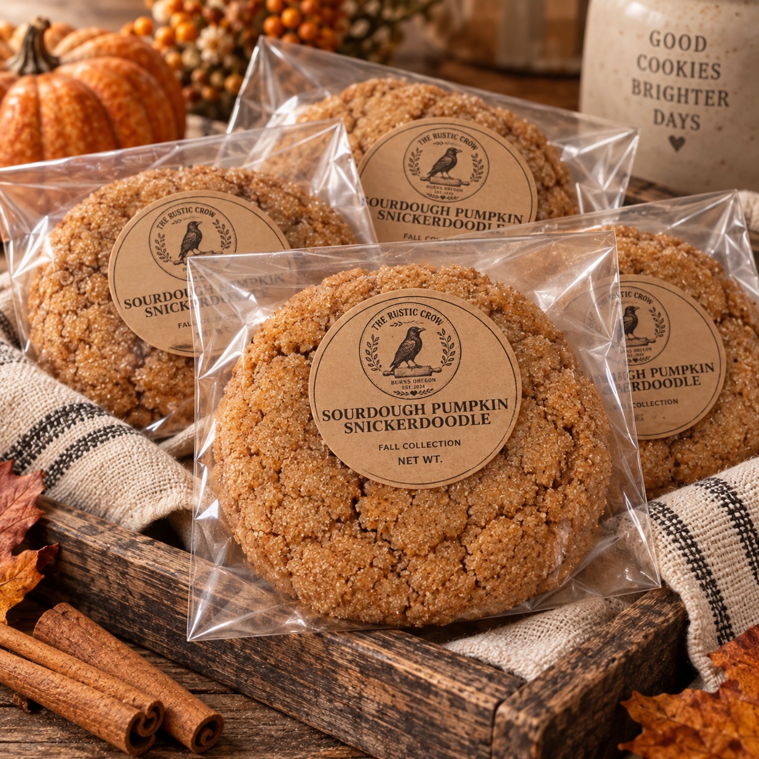 A group of packaged Sourdough Pumpkin Snickerdoodles