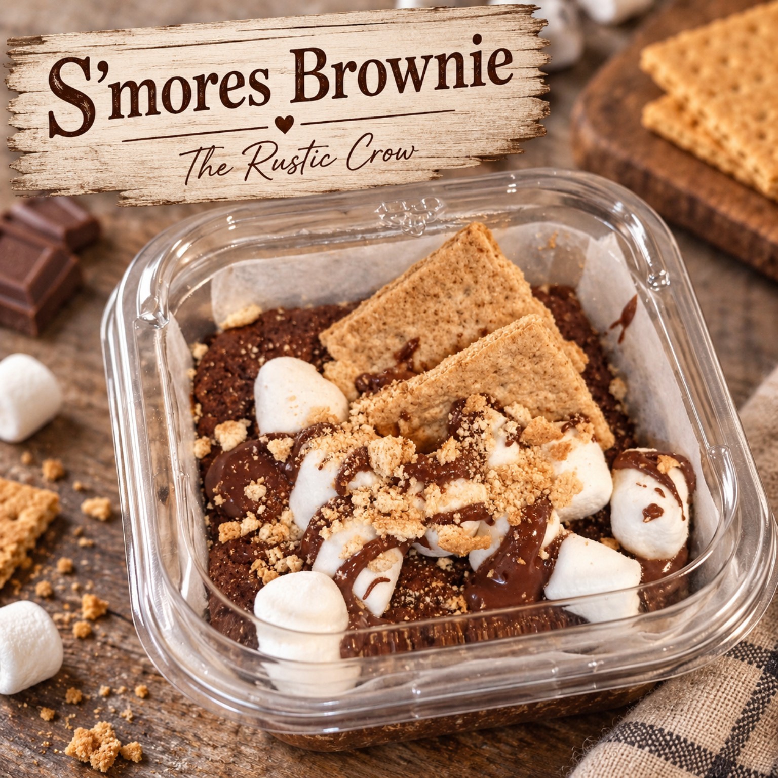 S’mores sourdough brownie topped with marshmallows, graham crackers, and chocolate drizzle